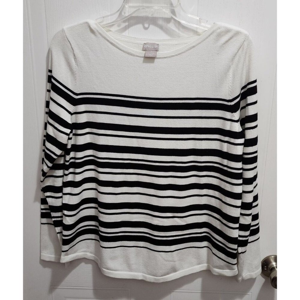 Chico's Women's Pullover Sweater Top Long Sleeve Boat Neck Striped Size 1 Medium